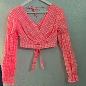 Topshop pink gingham tie back crop